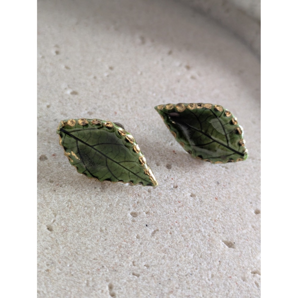 Earthy Leaf Earrings In Forest Green Enamel Gold Tone Trim Screw Back Whimsical